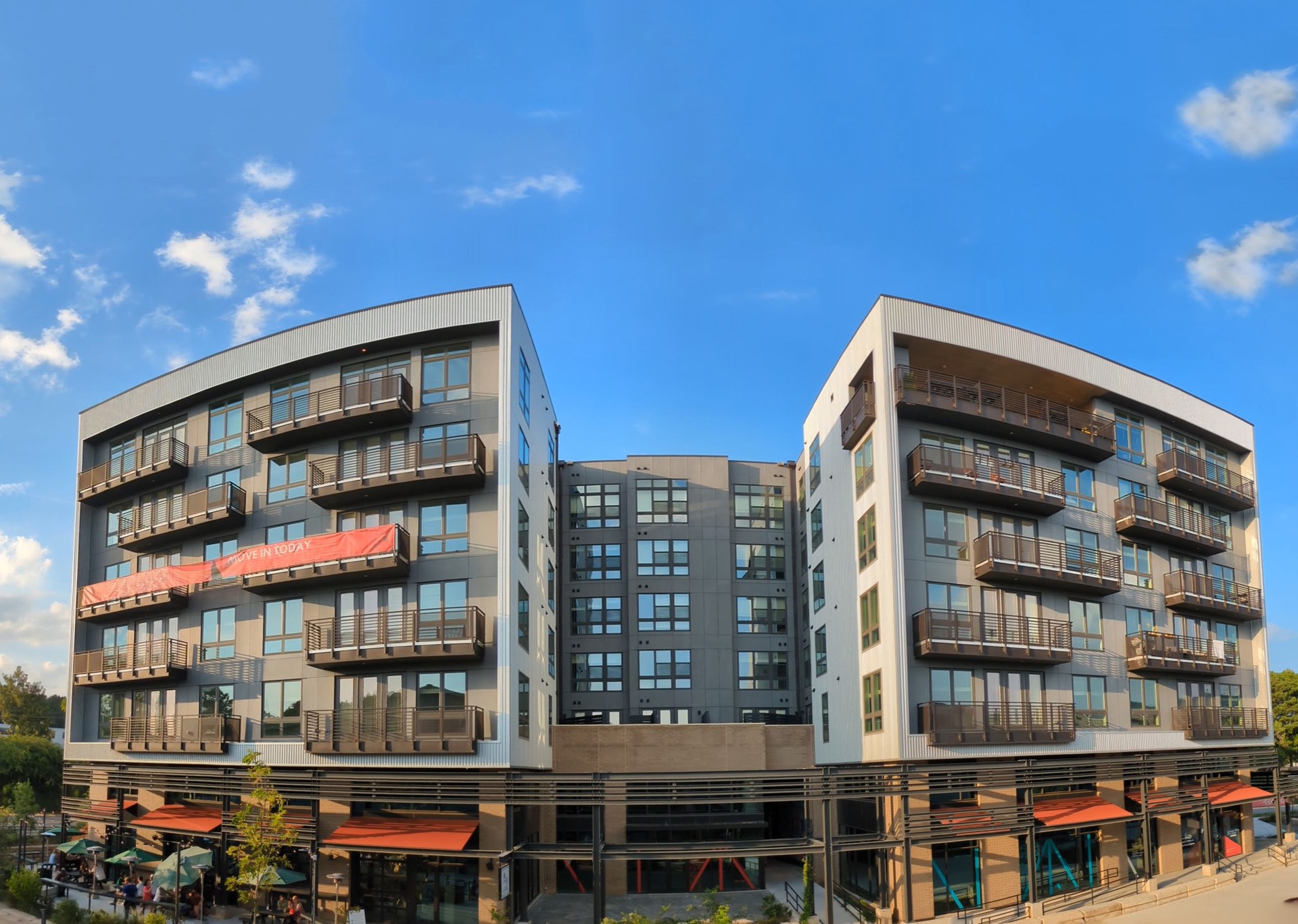 Panorama of Raleigh Iron Works mixed-use development near downtown, with restaurants, shopping,and apartments